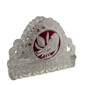 Hofbauer Byrdes Glass Letter Napkin Holder Bird & Floral Vintage Clear Ruby Red